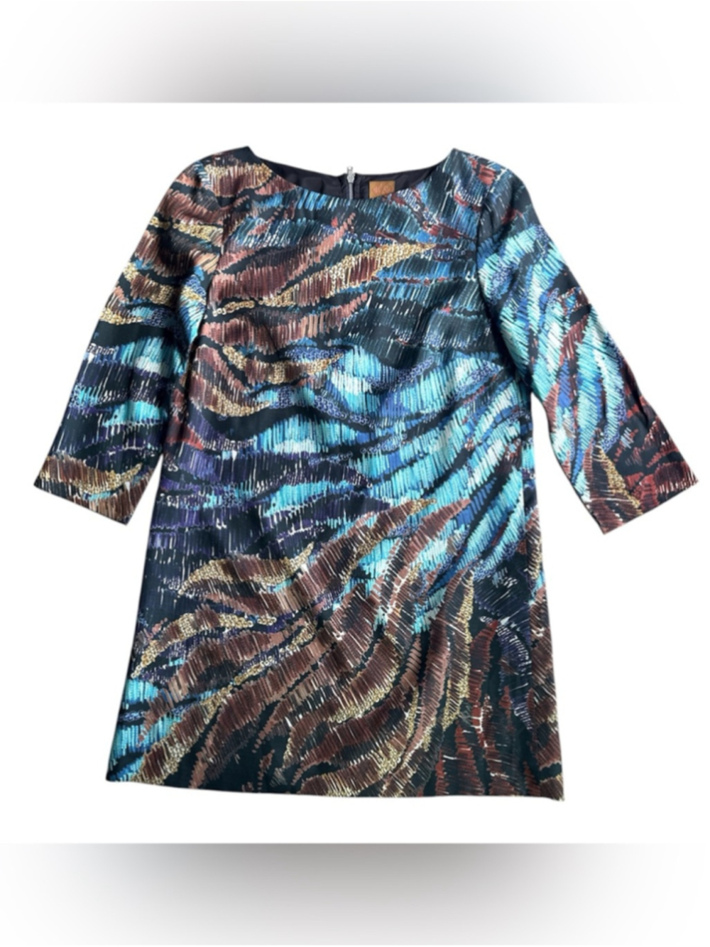 Ali Ro 100% Silk Shift Dress Metallic Feather Print 3/4 Sleeve Size US8 Bohemian